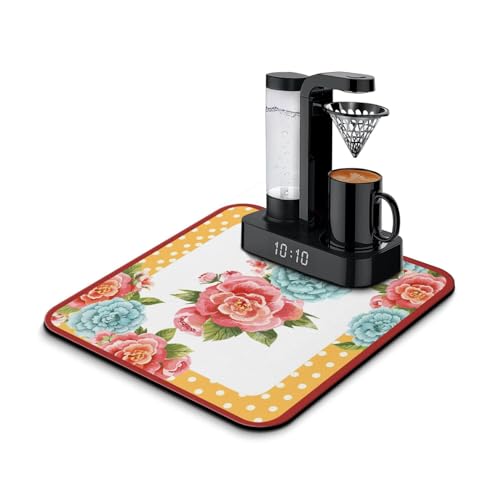 Washable Non-Slip Pioneer Flower Dish Drying Mats,Super Absorbent Quick Drying Mat For Kitchen Counter Home Large Coffee Bar Pad Accessories And Decor 16''x18'' (Light Blue Pink Flower, 16*18) - color: Light Blue Pink Flower, size: 16*18