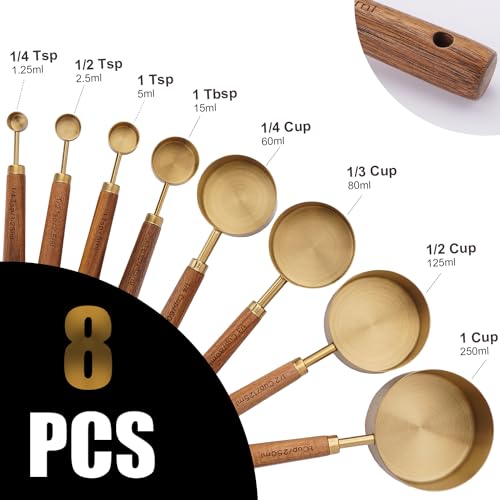 SHIKORI Gold Measuring Cups and Spoons Set with Wood Handles, Premium Stainless Steel Measuring Spoons and Measuring Cups Set-Gold - color: Gold
