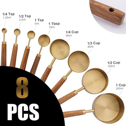 SHIKORI Gold Measuring Cups and Spoons Set with Wood Handles, Premium Stainless Steel Measuring Spoons and Measuring Cups Set-Gold - color: Gold