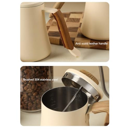 Tnfeeon 304 Stainless Steel Gooseneck Coffee Kettle 600ML Pour Over Kettle with Thermometer Lid Long Narrow Spout Compact Design for Home Office Camping