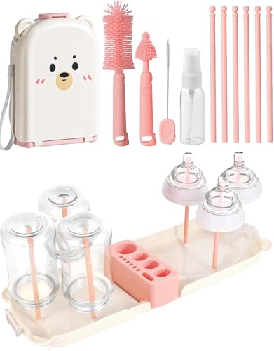 Travel Bottle Cleaner kit, 7in1 Baby Travel Gear Essential Silicone Travel Bottle Brush Set Nipple Drying Rack, Straw Breast Pump Cleaning Soap Dispenser Organizer Case Mon Gift (Pink) - color: Pink