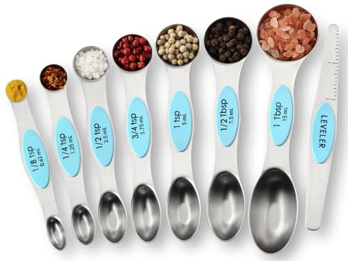 Spring Chef Magnetic Measuring Cups & Spoons Set, Patented, Strong Magnets, Heavy Duty Stainless Steel Fits in Spice Jars for Baking & Cooking, BPA Free, Round Set of 15 with Leveler, Aqua Sky - color: Blue (Aqua Sky), size: Set of 15