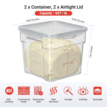 2 Pack 6 QT Airtight Food Storage Containers with Lids, Commercial Kitchen Ingredient Containers with Recessed Handles and Labeling Area, Clear Stackable Storage for Rice, Flour, Sugar, Grains - size: 2 X 6.0(QT)