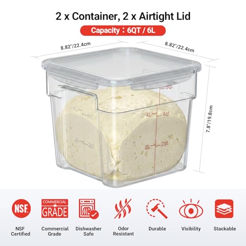 2 Pack 6 QT Airtight Food Storage Containers with Lids, Commercial Kitchen Ingredient Containers with Recessed Handles and Labeling Area, Clear Stackable Storage for Rice, Flour, Sugar, Grains - size: 2 X 6.0(QT)