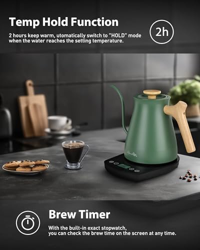 Harriet Gooseneck Electric Kettle - 1200W Fast Heat, 0.8L Stainless Steel, Precision Temp Control & Timer, Wood Handle, Pour Over Coffee and Tea, Green - color: Green