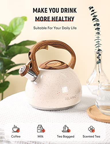 BELANKO 2.7 Quart Tea Kettle for Stovetops - Food Grade Stainless Steel Teapot with Loud Whistle, Cool-Touch Wood Pattern Handle, Rust-Resistant Whistling Kettle - Starry Cream - color: Starry Cream