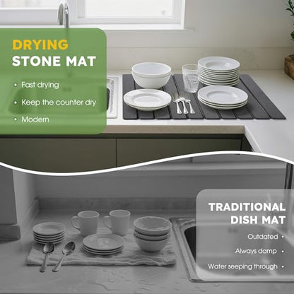 HABUTWAY Large Stone Dish Drying Mat for Kitchen Counter – 24"×16" Collapsible Diatomaceous Earth Mat, Ultra Absorbent & Quick Dry, Foldable Drying Pad for Dishes, Bottles, Cups (Dark Grey) - color: Dark Gray