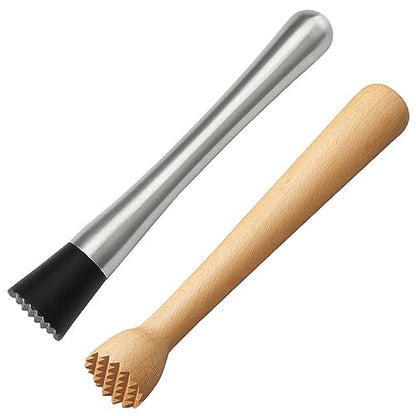 2Pcs Muddler for Cocktails 10 Inch - Stainless Steel and Wooden Drink Muddlers for Mojitos Mint & Fruit Based Drinks - Bartender Tool for Bars and Home - color: 2pack-a