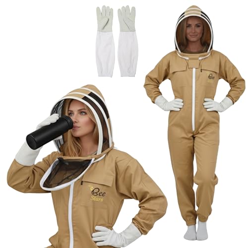Bee Suit with Fencing Veil One Pair Gloves Polycotton Sting Proof Beekeeping Suit for Beekeeper - color: Khaki, size: XX-Large