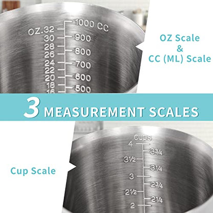 Measuring Cup, [Upgraded, 3 Measurement Scales, Including Cup Scale, ML Scale, Ounce Scale], Newness Stainless Steel Measuring Cup with Marking with Handle, 32 Ounces (1.0 Liter, 4 Cup) - size: 32 OZ (4 Cup, 1000 ML)
