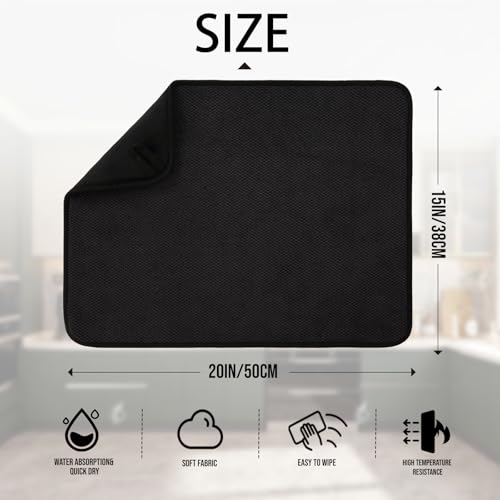 2 Pack Microfiber Dish Drying Mat for Kitchen Counter,Ultra Absorbent Dish Drainer Mat ,Dish Drying Pad , Dish Rack Mat 20×15 Inch (Black)