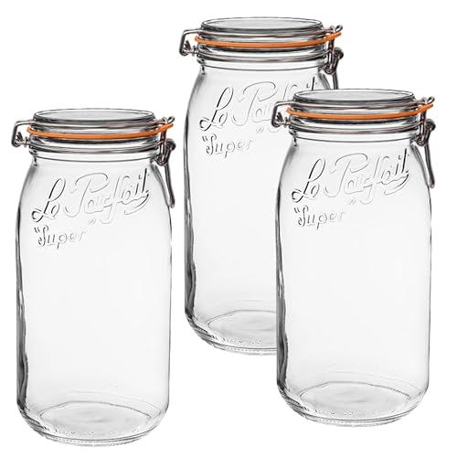 Le Parfait Super Jar 3L (96oz) French Glass Preserving Jar w/Airtight Rubber Seal & Wire Bail Closure - BPA-Free Canning Jar for Pickles, Fruit, Sauce& Food Storage - Made in France Since 1930 3PK/CP - color: 96oz (Set/3 CP)