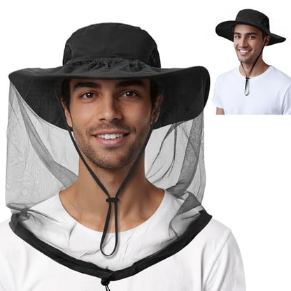 American Trends Fishing Hat with Hidden Mosquito Net Bug Net Bee Keeper Hats with Veil Bucket Hat for Men Women - color: Black
