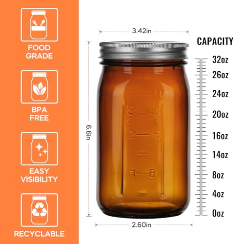 32 oz Amber Glass Mason Jars 6 Pack, Wide Mouth Airtight Lids with Bands | Amber glass, canning/preserving/jam/sauces/pickle fermenting, beverages/DIY projects, reusable, quart size, wide mouth design