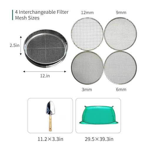 Soil Sifter for Gardening, 12 Inch Stainless Steel Soil Sifter with 4 Replaceable Fine Screens and Shovel, Sieve for Sand Rocks Dirt Compost - color: 12 inch sifter with 4 screens (Silver)