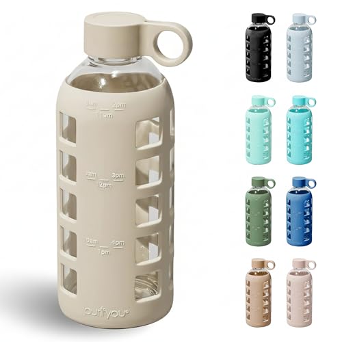 purifyou 40oz / 32oz / 22oz / 12oz Borosilicate Glass Water Bottle with Time & Volume Markers, Silicone Sleeve, Stainless Steel Lid | Reusable Glass Bottle for Water & Juice (22oz Pearled Ivory) - color: Pearled Ivory (1 Count), size: 22 Ounces