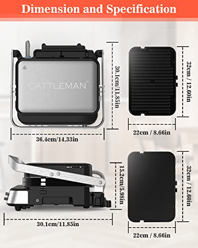 CATTLEMAN Panini Press Grill Sandwich Maker with Removable Plates, 1600W, 5 in 1 Smokeless Indoor Grill & Griddle with Meat Thermometer, Electric Contact Grills for Kitchen, Stainless Steel - color: Silver with Reversible Plates