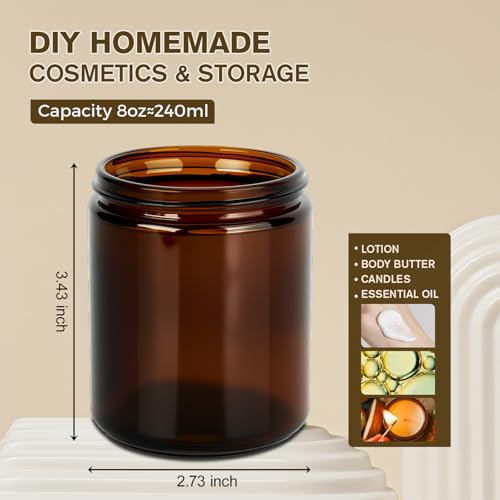 Hoa Kinh 8 oz Glass Jars with Lids, 12 Pack Amber Empty Small Cosmetic jar | Airtight Leak Proof Travel Jars for Lotion Cream Lip Balm DIY Thick Glass Reusable Sample Containers with Lined Lids - color: Amber-Black Lid, size: 8oz-12Pack