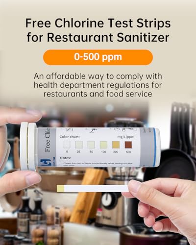 0-500 ppm Chlorine Test Strips for Restaurant Sanitizer Test Kit, 100 Strips per Vial, Bleach Test Strips, Testing Kit for Food Service, Bars, Hotels, Kitchen Supplies, Food Trucks, Daycare, Factory