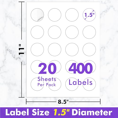 Koala Round Labels 1.5 Inch, Glossy Waterproof Printable Circle Stickers for Inkjet and Laser Printer, 400 Circle Labels for Brand Logo, Bottle, Jar