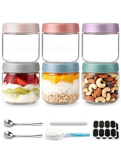 6 pack 10 oz Overnight Oats Containers with Lids and Spoons Glass Jars with Airtight Lids: Wide Mouth Mason Salad Jars, Leakproof and Reusable Glass Food Storage Container for Yogurt Snacks Spice - color: Multicolor, size: 10oz, 6Pack