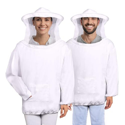Flexzion Bee Jacket with Veil - Beekeeper Jacket for Men and Women, Lightweight Ventilated Pullover Beekeeping Smock, Sting Proof Protective Upper Body Suit, White Adult Double Extra Large - size: Adults X-Large