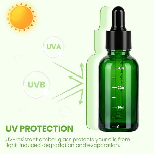 UPBUD 63 Pcs 1oz Green Glass Dropper Bottles with Measurement, 30ml Leakproof Tincture Bottles with Funnels, Eye Droppers, Extra Caps & Labels, Refillable Empty Bottles for Tinctures, Essential Oils - color: Green-1oz, size: 1oz