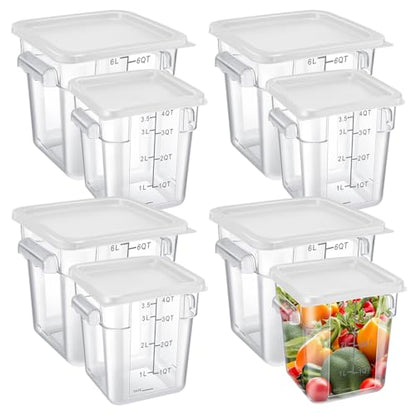 Suclain 8 Pack 4 QT and 6 QT Food Storage Containers with Lids Scales Handles Square Clear Restaurant Food Storage Containers Polycarbonate Commercial Grade for Kitchen Marinating Meat Dough(White) - color: White