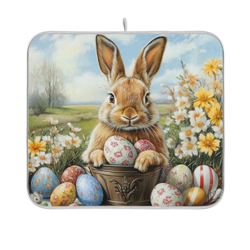 Spring Rabbit Easter Egg Dish Drying Mat for Kitchen Counter Microfiber Absorbent Dish Drainer Rack Mat Small Kitchen Drying Mat Heat Resistant Drying Pad for Counter 18x16 - color: Blue Rabbit Easter Egg, size: 16x18in