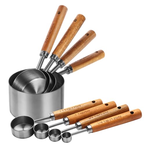 Measuring Cups and Spoons Set，Measuring Cup Set with Wooden Handle and Metric and US Measurements，Silver Polished Finish，for Cooking and Baking in The Kitchen (8 Piece) - color: Silver