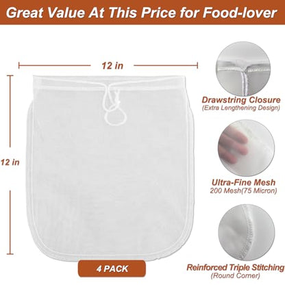 4 Pcs 12"x12" Nut Milk Bag, Strong Durable, Premium Ultra-Fine 200 Mesh Nylon CheeseCloth Bags for Straining, Reusable All Purpose Nut Bag Strainer for making Almond & Nut Milks, Cold Brew, Juicing - color: Premium Nylon - 4 Pcs
