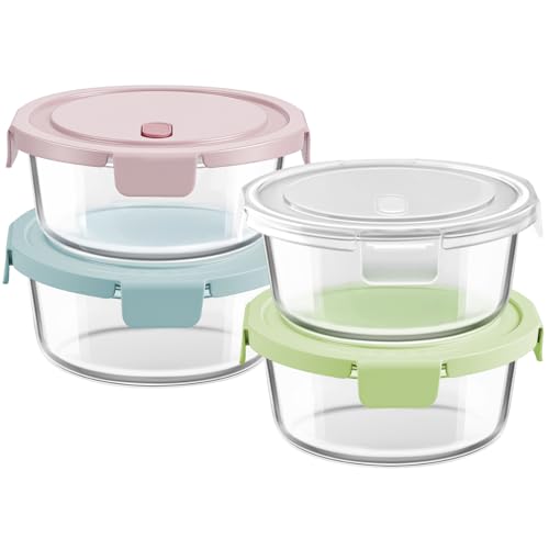 4 Cup/32oz Borosilicate Glass Meal Prep Containers with Vented Lids, 4 PACK | Airtight Leak Proof, Food Grade, Microwave Dishwasher Oven Freezer Safe, BPA-Free, Lunch Soup Leftover Food Storage, Round - color: Multicolor+Clear, size: 32oz
