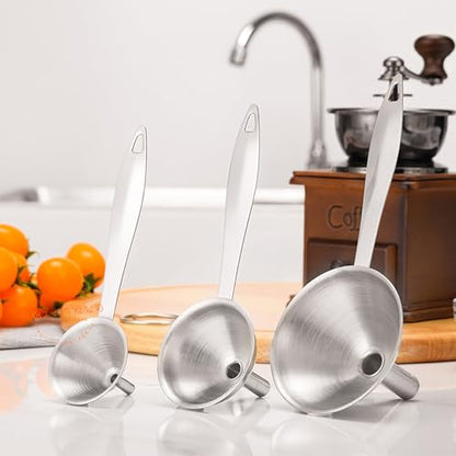 Stainless Steel Funnel, 3 Pcs 3 Different Size Funnels with Handle and 1 Cleaning Brush for Filling Bottles Flask in Kitchen (1)