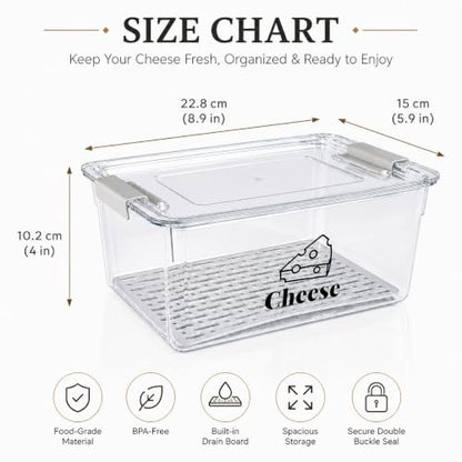 Cheese Container Airtight with Draining Basket Cream Cheese Sliced Cheeses Box with Lid Saver for Fridge Cheeses Keeper Cream Block Shredded Storage Box Saver (Clear) - color: Clear