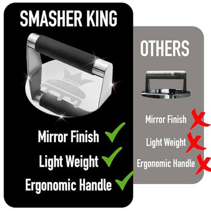 SMASHER KING™ - Mirror Polished Stainless Steel Smash Burger Press - Hamburger Smasher Tool for Griddle Cooking - Heat Resistant Handle Grill Press and Meat Weight - Burger Patty Maker for Perfection