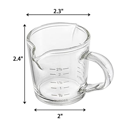 Hacaroa 4 Pack Double Spouts Measuring Cups Espresso Shot Glass with Handle, 2.5 Oz Mini Milk Triple Pitcher Barista Clear Graduated Cups for Coffee, Wine, Bar, Party