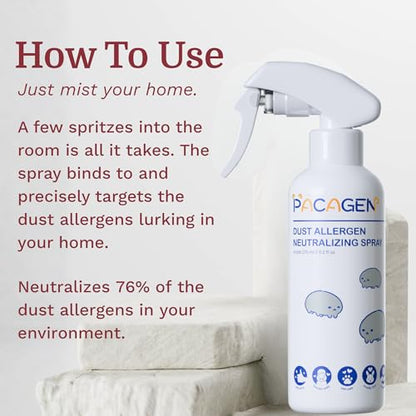 Pacagen Dust Allergen Neutralizing Spray for Humans - Perfect for Home Use, Immediate Results, Easy to Use, and Pet Friendly - A Few Sprays Away from A Clear Day | Non-Toxic and Safe, Immediate Results, Easy to Use, and Pet Friendly - A Few Sprays Every 2