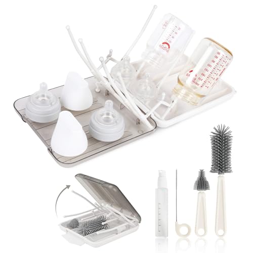 Baby Bottle Brush Set, 6-in-1 Travel Bottle Cleaner Kit with Silicone Bottle Brush, Nipple & Straw Brush, Soap Dispenser, Drying Rack, Storage Box – Compact Baby Travel Essential for Home & On-The-Go - color: White