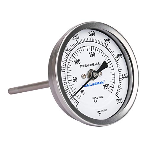 Measureman Fully Stainless Steel Bimetal Dial Thermometer, 3" Dial, 4" Stem, 50-500 deg F/10-260 deg C, -1% Accuracy, Adjustable, 1/2" NPT Back Mount - size: 50-500 deg F/10-260 deg C, style: 4" Stem