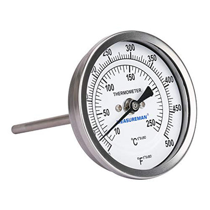 Measureman Fully Stainless Steel Bimetal Dial Thermometer, 3" Dial, 4" Stem, 50-500 deg F/10-260 deg C, -1% Accuracy, Adjustable, 1/2" NPT Back Mount - size: 50-500 deg F/10-260 deg C, style: 4" Stem
