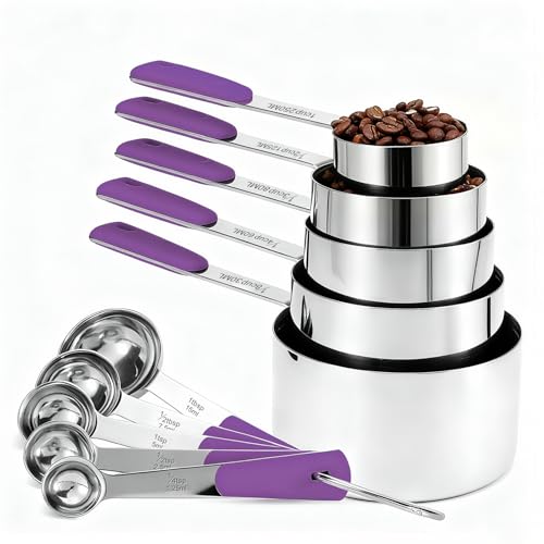 Bopei Measuring Cups and Spoons Set Stainless Steel 10 Piece for Cooking and Baking (5 Cups + 5 Spoons, Purple Handle) - color: Purple