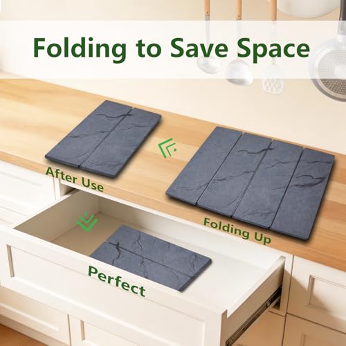 2 PCS Large Stone Dish Drying Mat for Kitchen Counter Diatomaceous Earth Quick Dry Foldable Dish Drying Pad with Anti Slip Mesh Mats(16x24in 4x8in grey)