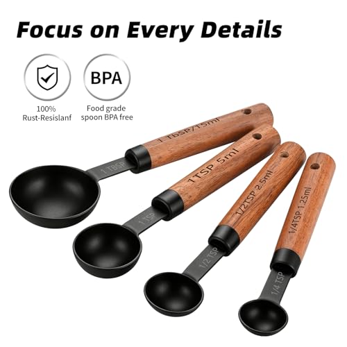Wooden Handle Measuring Cups & Spoons Set 8-Piece – Stainless Steel, Stackable, Rustic Farmhouse Kitchen Gadgets, Non-Toxic, Dishwasher Safe, Gift for Bakers & New Homeowners - size: Black-wood handle