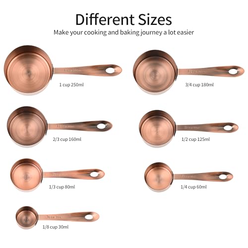 Copper Measuring Cups and Spoons Set 16, Dry&Liquid Stainless Steel Measuring Cups and Spoons, 7 Metric&US Measing Cups & 6 Measuring Spoons & Measure Equivalents for Kitchen&Baking - color: Copper, size: A: 7cups+6spoons