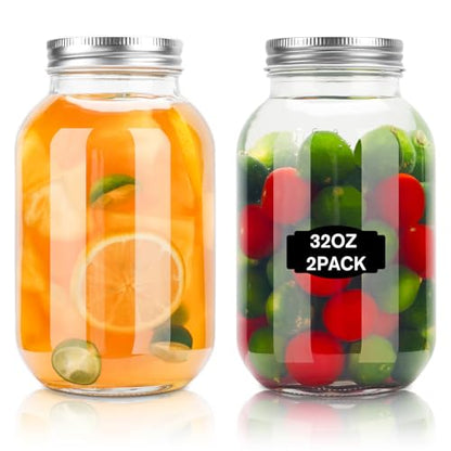 Glass Mason Jars, 2 Pack 32oz Clear Glass Regular Mouth Quart Canning Jars with Lids for Sealing, Ideal for Food Storage, Snacks, Candies, Jam, Honey, Wedding, Shower Favors, DIY Projects