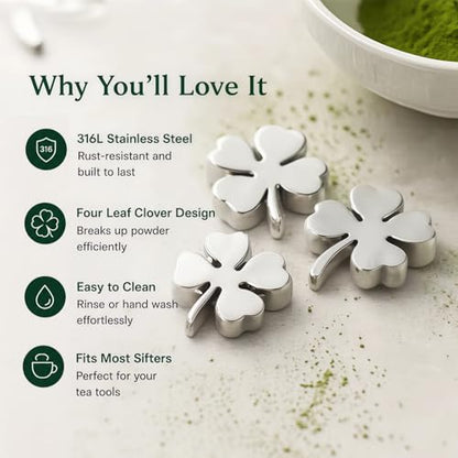 Matcha Sifting Beads 316L Stainless Steel Mini Sifter Balls for Matcha Powder, Four Leaf Clover Tea Strainer Beads for Clump Free Mixing, Matcha Accessories for Tea Set, Fine Mesh Sieve Tool Gift