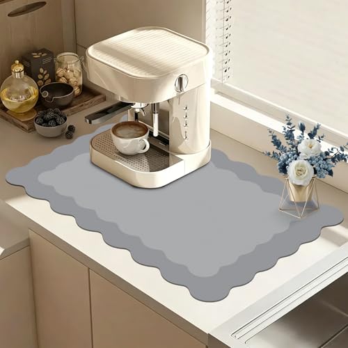 Scalloped Coffee Bar Mat for Countertop, Cute Dish Drying Mats for Kitchen Counter, Diatomite Absorbent Mat for Coffee Station, Kitchen Aesthetic Decor (16"x24", Grey) - color: Gray, size: 24" x 16"