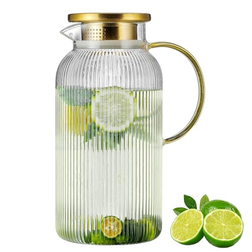 Buaic Glass Pitcher with Lid, 84oz/2.5 Liter Classic Vertical Stripes Water Pitcher,Glass Water Carafe for Cold Brew, Coffee, Lemonade, Iced Sun Tea,Beverage, Milk, Heat Resistant - color: Clear, size: 2.5L-1 PACK