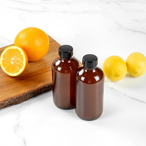 Restaurantware Vetri 8 Ounce Boston Glass Bottles, 12 Sample Bottles With Black Phenolic Caps - Dishwashable, Round, Amber Glass Bottle, For Potion, Juice, Ginger Shots, Whiskey, Liquids - color: Amber, size: 8 oz