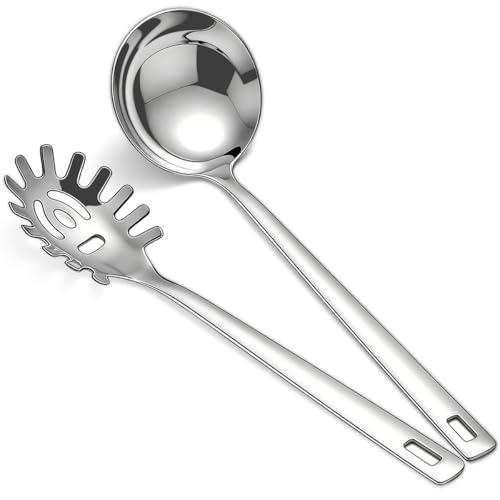 Berglander Kitchen Ladle Spoon and Spaghetti Spoon Set 2 pieces, Pasta Spoon Stainless Steel Kitchen Utensils for Cooking, Stirring, Serving Spaghetti, Soup, Sauce, Dishwasher Safe